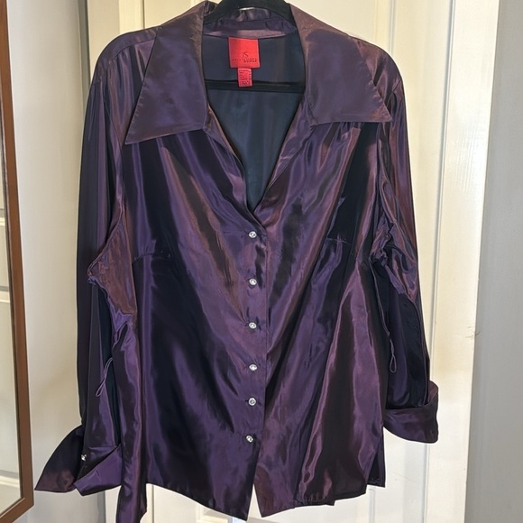 JS Collection Purple Tafetta Shiny Holiday New Years Button Belted blouse top - Picture 2 of 13